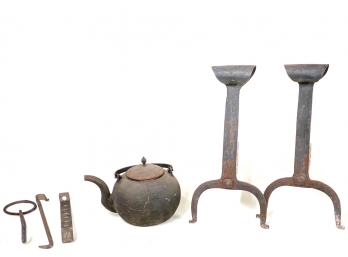 WROUGHT IRON ANDIRONS, KETTLE, TOOLS, ETC