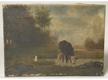 PRIMITIVE OIL ON CANVAS 'COW DRINKING AT STREAM'