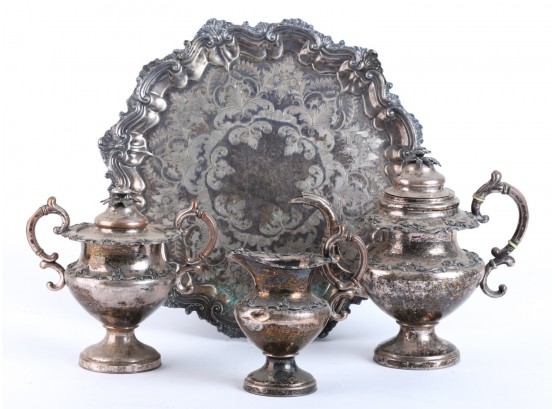 ANTIQUE SILVER PLATED TEA SET and TRAY