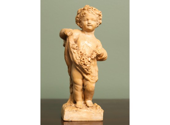 (19th c) CERAMIC PUTTO with a DRAPE of FLOWERS