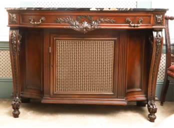 CARVED WALNUT CREDENZA with BLACK MARBLE TOP
