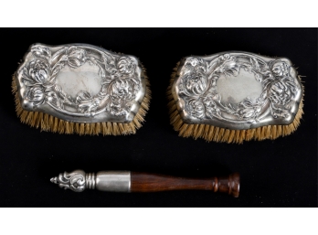 PAIR OF STERLING SILVER BRUSHES and FINIAL