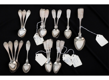 GROUPING OF COIN SILVER TEASPOONS etc