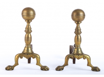 PAIR OF BALL TOP BRASS ANDIRONS with LION PAW FEET