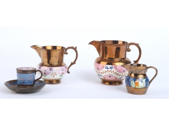 (3) COPPER LUSTER PITCHERS and a CUP & SAUCER