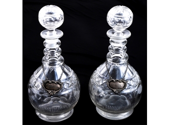 PAIR OF ANTIQUE CRYSTAL DECANTERS w/ STERLING TAGS