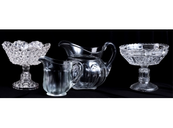 (2) HEISEY GLASS WATER PITCHERs & (2) COMPOTES