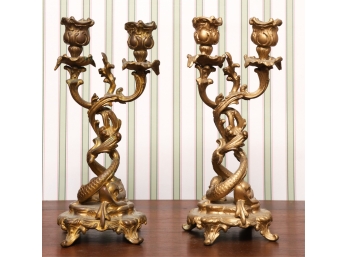 PAIR OF (2) LIGHT BRASS CANDLESTICK with DOLPHINS