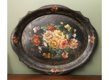 OVAL TOLEWARE TRAY HAND PAINTED WITH FLORAL MOTIF