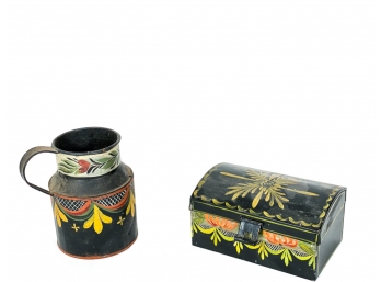 TWO PIECES OF TOLE DECORATED TINWARE