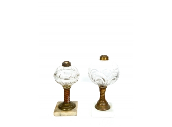 TWO VICTORIAN PRESSED GLASS OIL LAMP FONTS