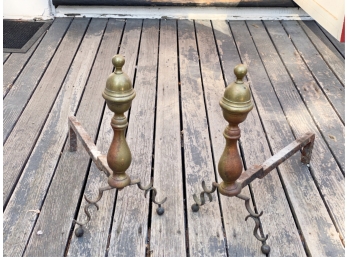 PAIR OF BRASS ACORN AND BALL FINIAL ANDIRONS