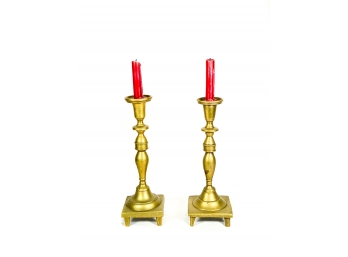 PAIR OF COLONIAL BRASS FOOTED CANDLESTICKS