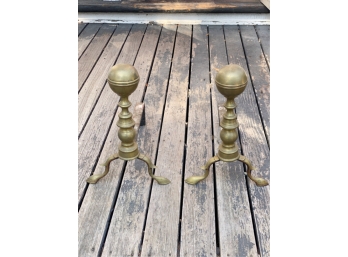 PAIR OF EMPIRE BRASS CANNON BALL TOPPED ANDIRONS