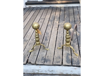 PAIR OF EMPIRE BRASS CANNON BALL TOPPED ANDIRONS