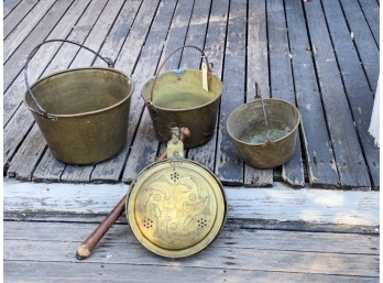 (4) AS-IS BRASS WARMING PAN, AND BRASS BUCKETS