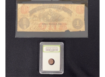 (2) CONFEDERATE NOTE AND ROMAN COIN