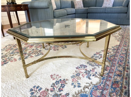 HEAVY BRASS AND BEVELED GLASS OCTAGON COFFEE TABLE