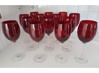 SET OF (14) RUBY W/ CLEAR STEMS GLASSES