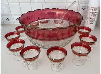 VINTAGE RUBY FLASH GLASS PUNCH BOWL W/ (12) CUPS