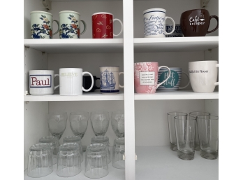 OVER (60) PIECES MISC GLASSES AND MUGS ETC