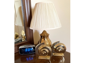 MODERN BRASS TABLE LAMP, BOOKENDS, AND CLOCK