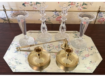 (3) PR CANDLESTICKS AND BEVELED MIRROR TRAY