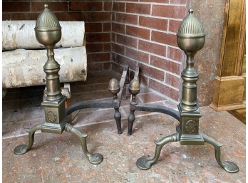FINE PAIR LATE 18TH C BRASS ANDIRONS