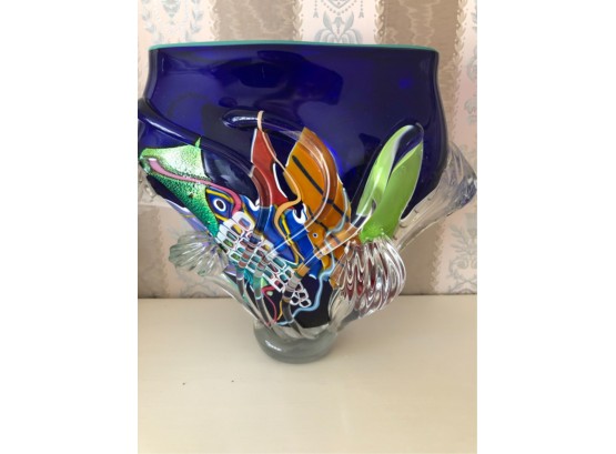 SIGNED COLORFUL BLOWN GLASS VASE