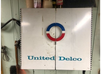 UNITED DELCO STEEL HANGING CABINET W/ MISC PAINTS