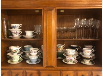 LARGE LOT MISC TEA CUPS/SAUCERS AND STEMWARE