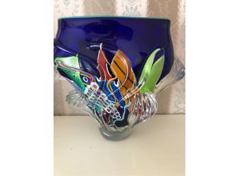 SIGNED COLORFUL BLOWN GLASS VASE
