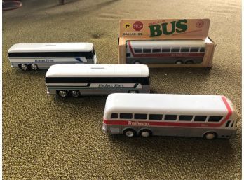 (4) BUS MODEL TOYS (2 ARE COIN BANKS)