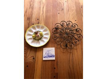DEVILED EGG PLATE, IRON PLATE STAND, TILE