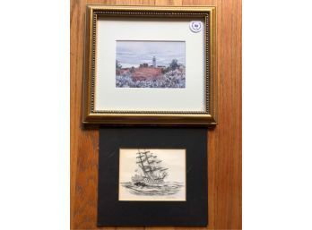 CLIPPER SHIP ETCHING AND A LIGHTHOUSE PRINT