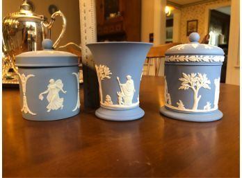 (2) WEDGWOOD CANISTERS AND (1) VASE