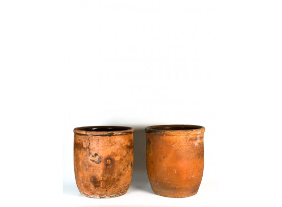 (2) EARLY REDWARE POTS with GLAZED INTERIORS