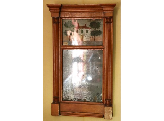 SPLIT COLUMN MIRROR with REVERSE PAINTING of HOUSE