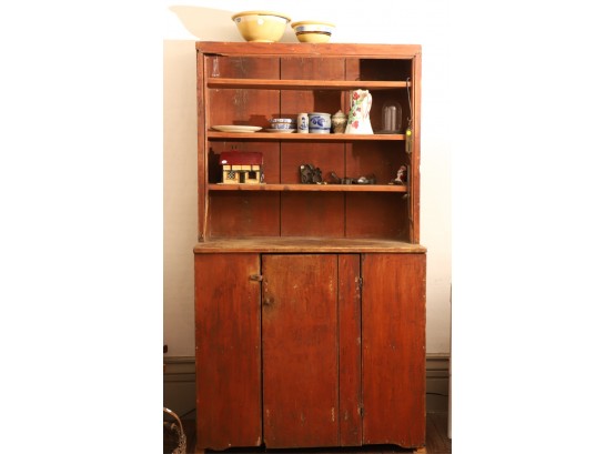 (19th c) NEW ENGLAND COUNTRY STEP BACK CUPBOARD