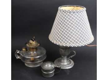 PEWTER FLUID LAMP, GLASS FINGER LAMP & COVERED MUG