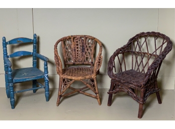 (2) WICKER AND CANEWORK DOLL CHAIRS & a THIRD