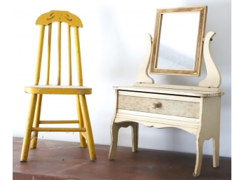 DOLL'S PAINTED WOODEN DRESSING TABLE & CHAIR