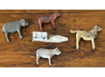 (4) CARVED AND PAINTED WOODEN ANIMALS & A HOUSE