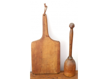 SMALL WOODEN BREAD BOARD and MASHER