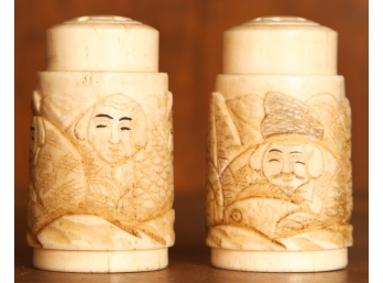 CHINESE CARVED BONE SALT and PEPPER SHAKERS