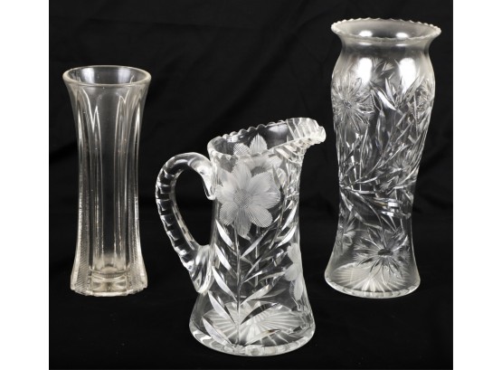 (2) CUT GLASS VASES and (1) Pitcher