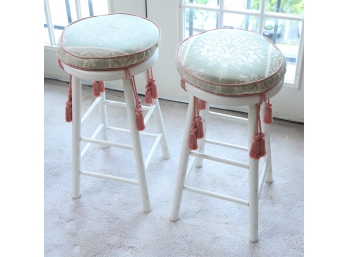 PAIR OF PAINTED WOODEN STOOLS with SILK CUSHIONS