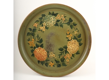 ROUND TOLEWARE TRAY HAND DECORATED with HYDRANGEA