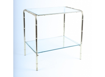 PAIR of TWO SHELF BRASS and GLASS END TABLES