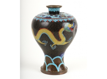 CLOISONNE VASE with DRAGON in a BLACK FIELD
